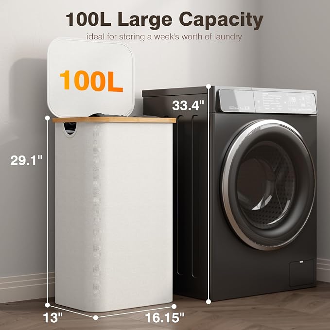 Bathola Laundry Hamper with Lid, Laundry Basket with Removable Bag, Beige - Image 2