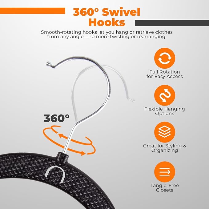 Plastic Hangers 20 Pack, Cascading Slim Space Saving Clothing Hangers with 360° Rotating Hook, Non Slip Clothes Hangers for Sweater Shirt, Heavy Duty Coat Hanger with Inner Hook for Closet, Black/Grey - Image 4