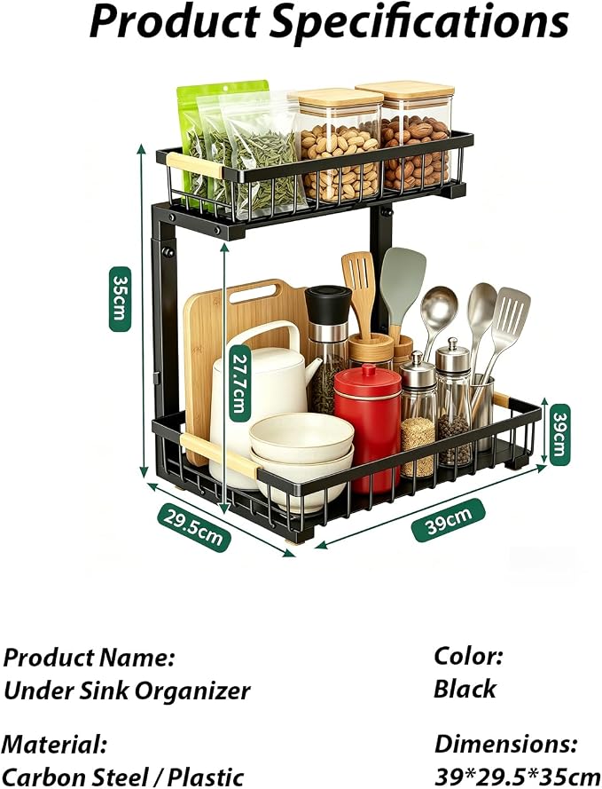 2 Pack Under Sink Organizer, 2-Tier Pull Out Kitchen Cabinet Organizer, Height Adjustable Metal Slide Out Bathroom Organizers and Storage Makeup Drawer Organizer for Office Bedroom (B-Black, 2Pack) - Image 7