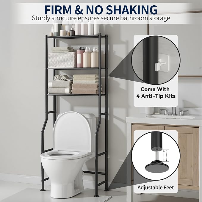 GloTika 3-Tier Over Toilet Storage Rack, Anti-Wobble, Black - Image 5