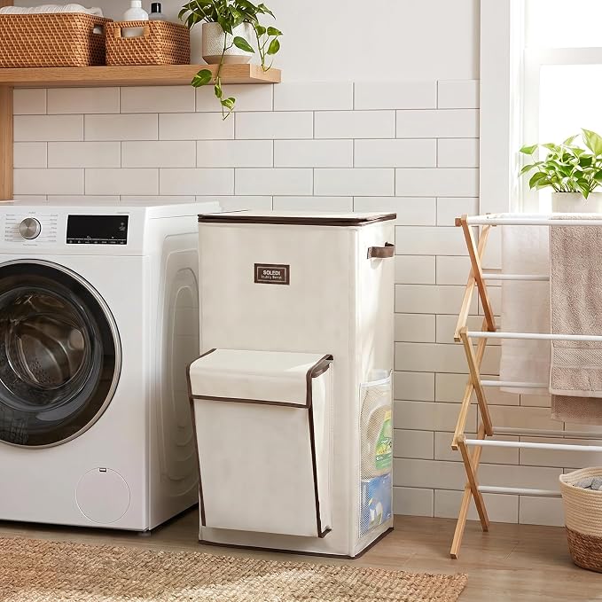SOLEDI 120L Tall Laundry Hamper with Lid & Delicates Compartment, Clothes Hamper with Removable Liner Bag, Dirty Clothes Basket for Bedroom, Bathroom, Dorm, Apartment, Light beige - Image 8