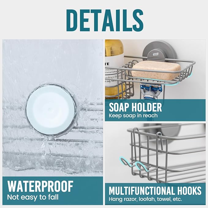 TAILI Shower Caddy Suction Cup with Hooks with Hooks, Grey Shower Holder - Image 5