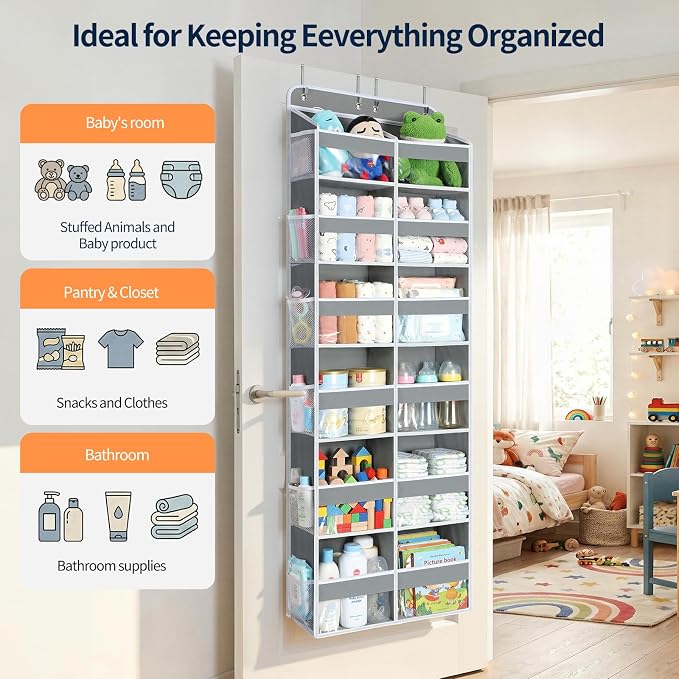 Yecaye Over The Door Organizer, 6 Tier Extra Large Behind Door Storage of 12 Compartments, 80lbs Heavy Duty Door Organizer Hanging with Clear Window for Closet Bedroom Pantry Bathroom, Grey - Image 5