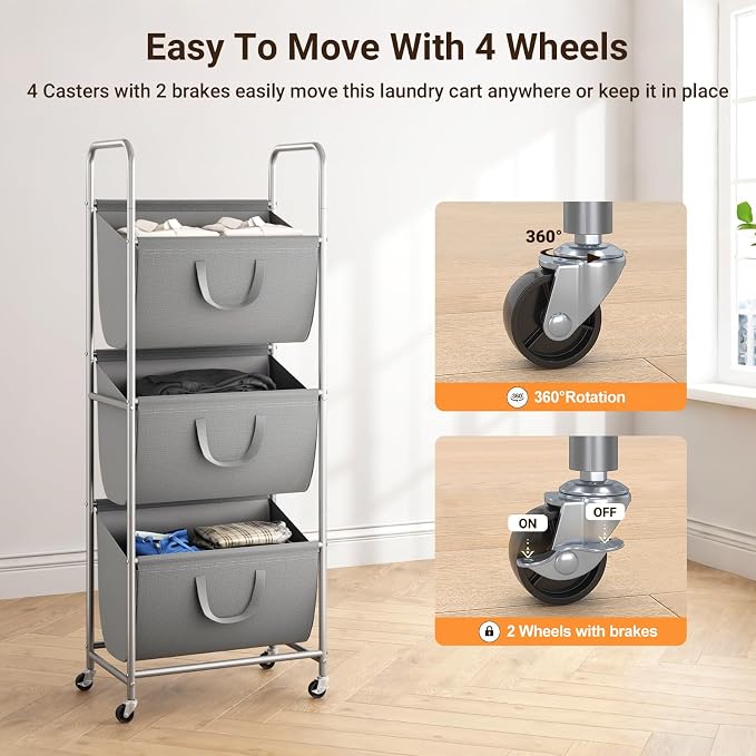 ELYKEN 3-Tier Vertical Rolling Laundry Hamper with Wheels & Removable Bags - Image 6