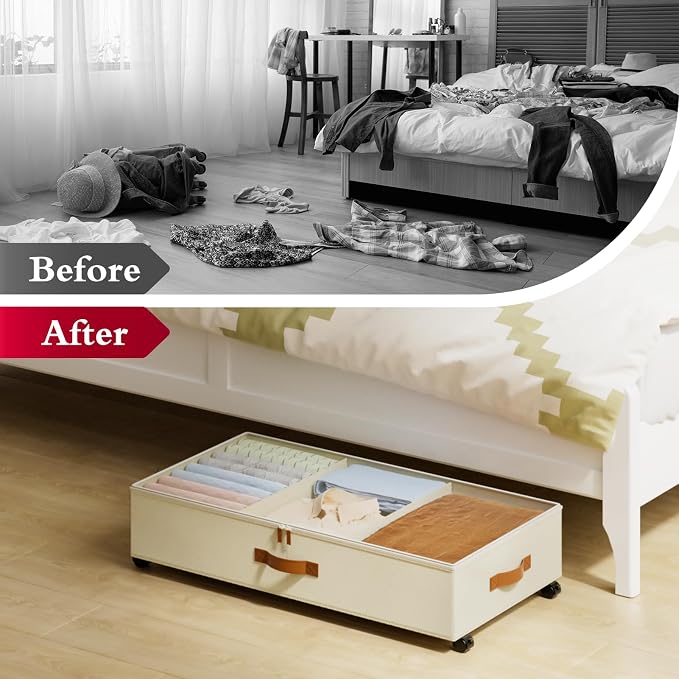 Yecaye Under Bed Storage with Wheels, 2 Pack Under Bed Storage Containers with Adjustable Dividers & Clear Lid, Rolling Underbed Organizer Bins Drawer for Clothes, Shoes, Blankets(30.3 x 16 x 6.7in) - Image 7