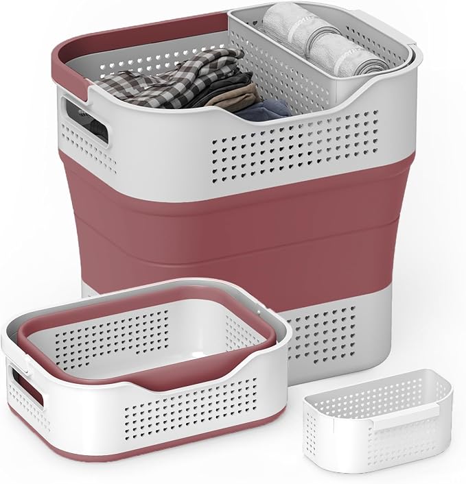 TECHMILLY Collapsible Plastic Laundry Basket Hamper with Handles, 35L Portable Rubber Clothes Basket, Pop Up Storage Container/Organizer with Hanging basket for Washing & Storage, Red by TECHMILLY