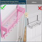 Consumest Over The Door Hooks Organizer - 2 Tier Over Door Hanger with 16 Hooks & 2 Baskets for Hanging Coat, Clothing, Towel, Back Storage for Bathroom, Closet, College Dorm, Pink - Image 4