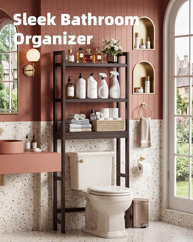 SMIBUY Bathroom Storage Shelf, Bamboo Over-The-Toilet Organizer Rack, Freestanding Toilet Space Saver with 3-Tier Adjustable Shelves (Dark Brown) - Image 3