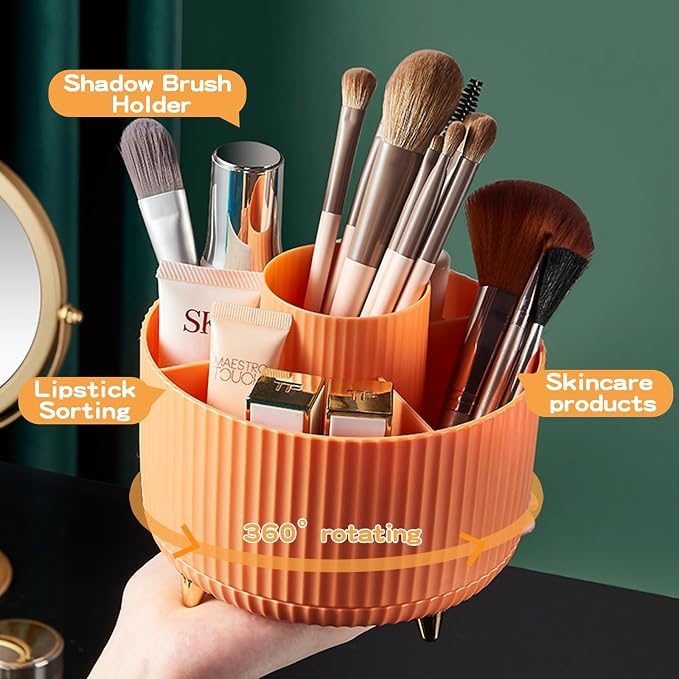fanado 360° Rotate Makeup Brush Holder Organizer, Makeup Organizers Countertop, Makeup organization and Skincare Storage for Vanity, Desktop, Bathroom (Orange) - Image 2