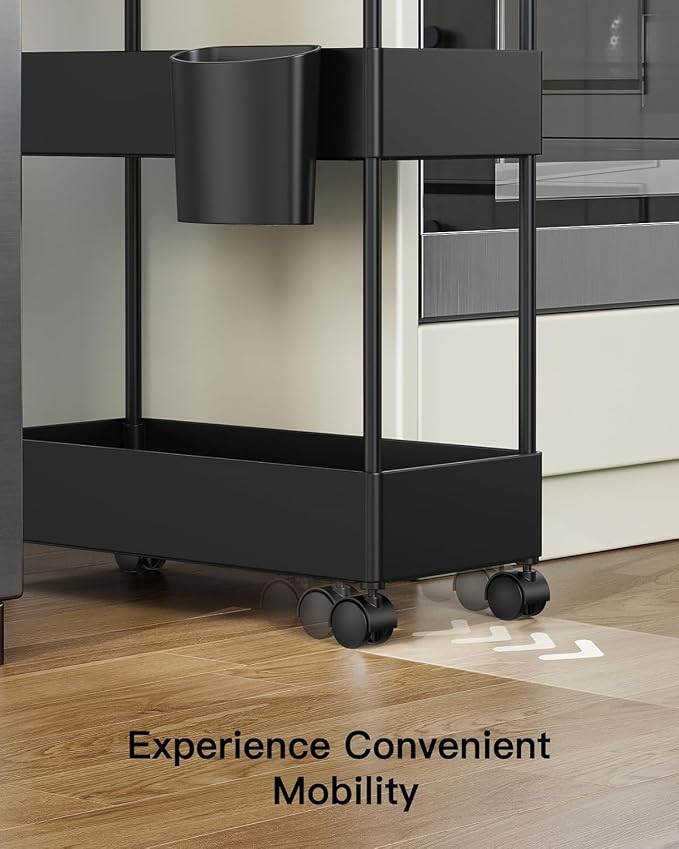 Pipishell 3 Tier Bathroom Storage Cart, Slim Storage Cart with Wheels,Black - Image 7