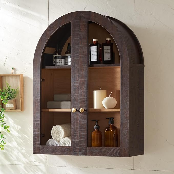 Bathroom Arched Wall Cabinet Over The Toilet Storage Cabinet, 23.5×31.4 Inch bathroom cabinet wall mount with Glass Doors & Adjustable Shelves, Wood Cabinet for Laundry Room, Kitchen, Brown/Natural by NOWABAY