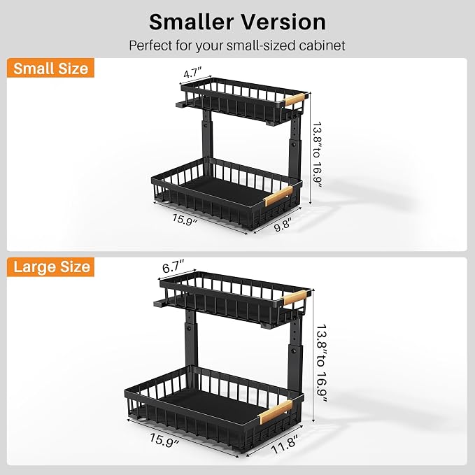 PXRACK Under Sink Organizer, Adjustable Height, 2 Tier Pull Out Under Cabinet Organizer, Slide Out Thickened Metal Under Sink Storage for Kitchen Bathroom Laundry Pantry Cabinet, Black, Small-1-Pack - Image 2