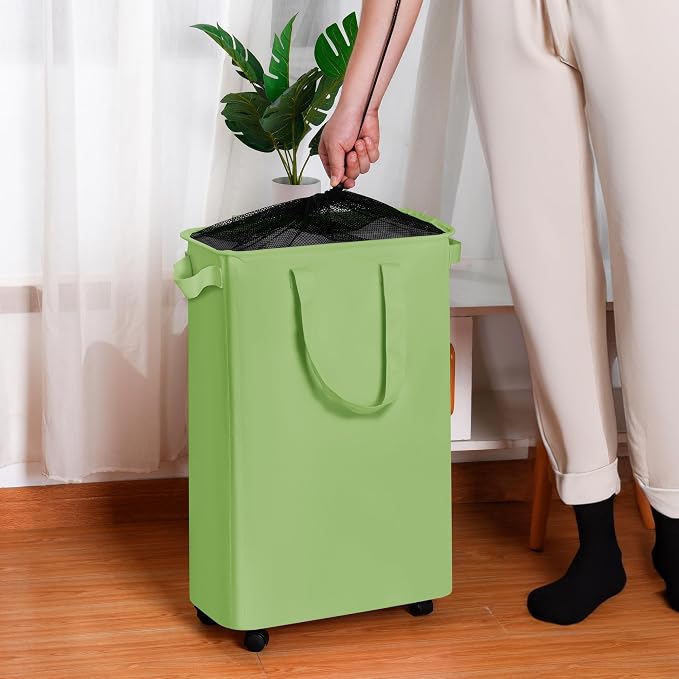 efluky Slim Laundry Hamper with Wheels, Rolling Laundry Basket for Clothes, Small Laundry Basket for Bedroom, Dorm and Laundry Room, 75L (19.8 Gallons) Green - Image 4