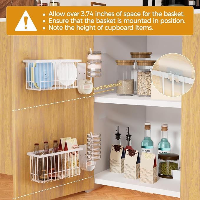 4 Pack Adhesive Cabinet Door Organizer - Tumbler Lid Organizer & Kitchen Storage baskets for Kitchen, Bathroom, Inside Cabinet Door Storage for Cup Lids, Spices, Small Supplies, Space-Saving (White) - Image 2