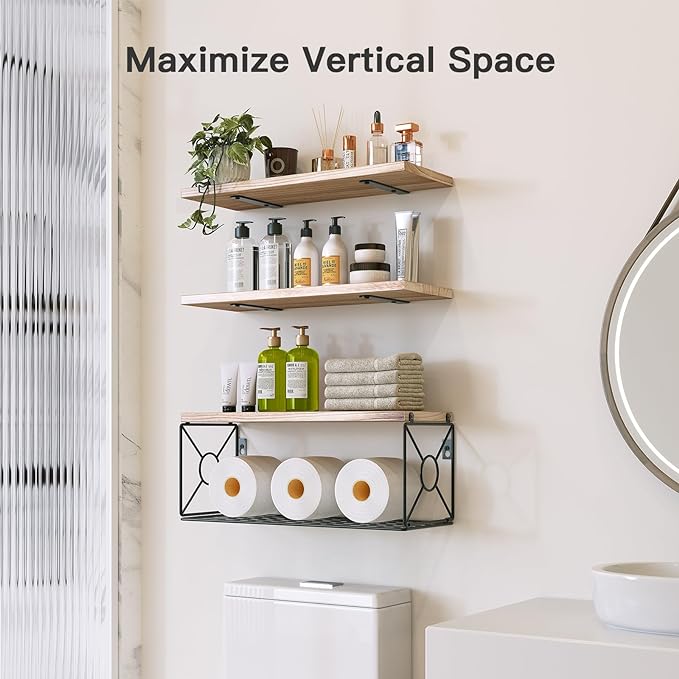 Amada Bathroom Shelves with Storage Basket, Set of 3, Natural Wood - Image 2