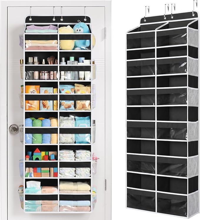 Yecaye 6 Tier Over The Door Organizer, Door Organizer with 12 Compartments | 20" W, Extra Large Behind Door Storage With 12 Side Pockets, 80lbs Heavy Duty, Clear Window, for Closet Bedroom Pantry, Black by Yecaye