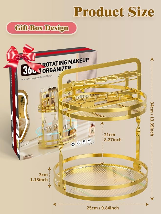 360°Rotating Makeup Organizer, Gold Bathroom Organizer Countertop - Image 4