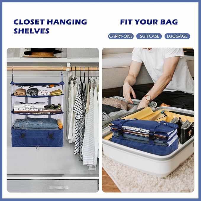 Surblue Hanging Closet Storage Bag Collapsible 3-Shelf Washable Oxford Fabric with 2 Hooks (XL 17.71 * 11.81 * 20in, Blue) - Image 2