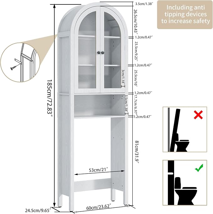 Arched Over The Toilet Storage Cabinet with Acrylic Doors, 4 Tier Small Bathroom Shelf Organizer, Arched Bathroom Cabinet with Adjustable Shelf, Slim Narrow Toilet Rack, Wood, White - Image 2