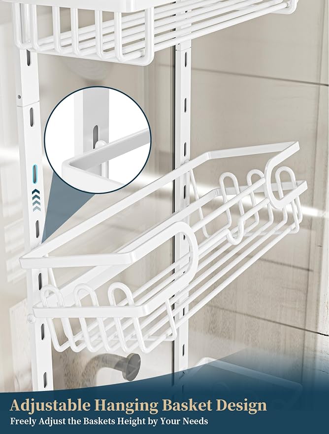 Consumest Over The Door Shower Caddy - 4 Tier Adjustable Hanging Shower Organizer Shelf with 2 Soap Holders & 22 Hooks, Rustproof Easy Installation Hanging Storage Rack for Bathroom, White - Image 3