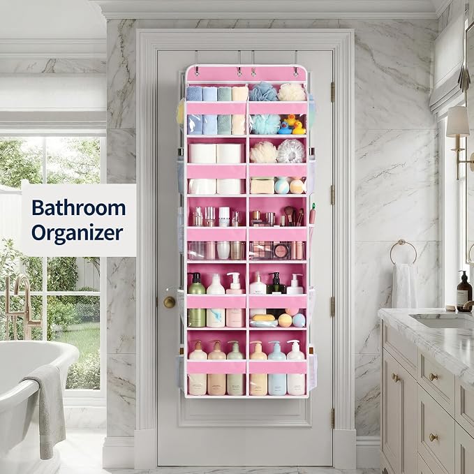 Yecaye 5 Tier Over The Door Organizer, 10 Compartments Large Door Storage | 20" W, Extra Large Behind Door Storage With 12 Side Pockets, 80lbs Heavy Duty, Clear Window, for Closet Bedroom Pantry, Pink - Image 9