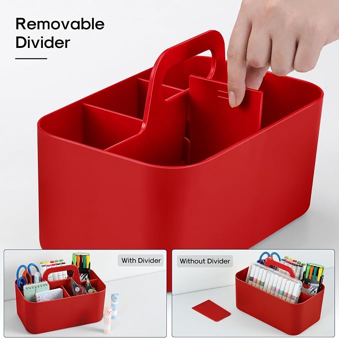 Multiuse Caddy Organizer with Handle, Portable Divided Plastic Tote Bin - Art Craft, Stationary Pen Marker Crayons, Makeup Hair Supplies Storage - Bathroom, Classroom, Dorm, Office, Desk Holder - Red - Image 6