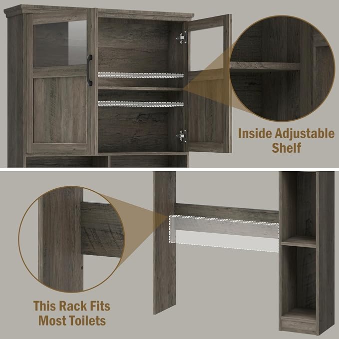 Vabches Over The Toilet Storage Cabinet with Doors & Paper Holder, Grey - Image 7