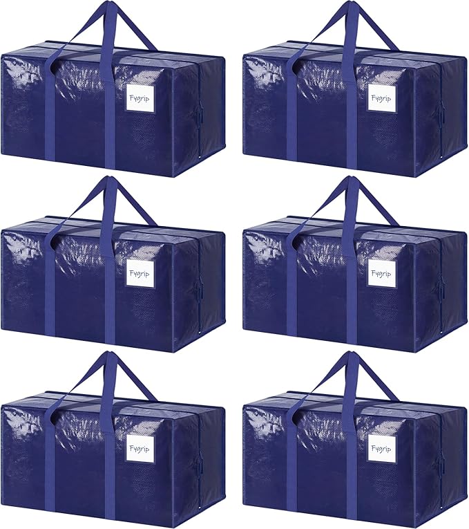6 Pack Extra Heavy Duty Large Moving Bags with Strong Zipper, Dark Blue | Comfortable Handles, Sturdy & Durable Clothes Storage Bags Totes Bins, Blue Packing Moving Boxes for College Supplies by Fygrip