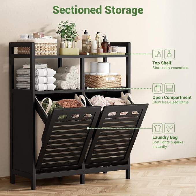 Homykic Tilt Out Laundry Hamper Cabinet, Bamboo Laundry Organizer, Black - Image 6