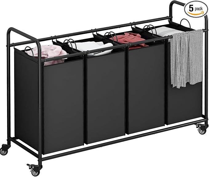 4 Section Laundry Hamper, Black Rolling Laundry Basket, 180L Laundry Sorter by LINZINAR