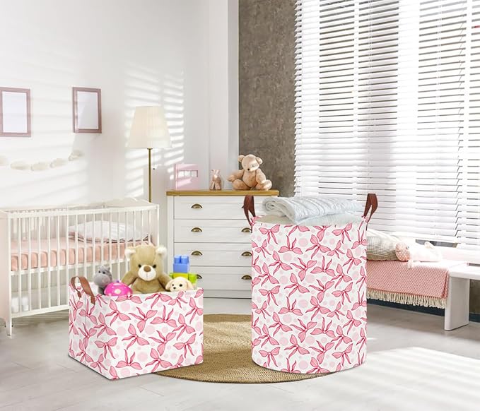 Bowknot Waterproof Laundry Hamper, Baby Nursery Hamper, Clothes Organizer Basket, Room Decor with Portable Design and Foldable (Pink Bowknot) - Image 3