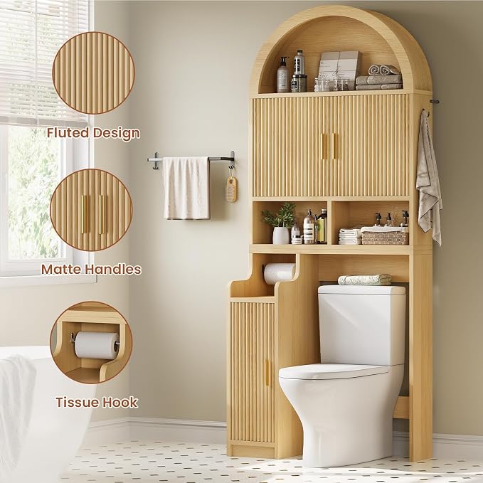 Itaar Arched Over The Toilet Storage Cabinet, 78.7" H Fluted Bathroom Organizer with Reversible Side Cabinet, Adjustable Shelves, Anti-Tipping, Hooks & Paper Holder for Bathroom Laundry Room, Oak - Image 9