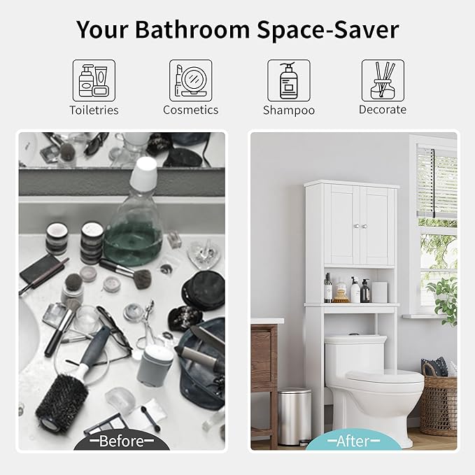 Shintenchi Over the Toilet Storage Cabinet, Bathroom Shelf Organizer with Anti-Tip Device Small Freestanding Space Saver with Adjustable Shelf，White - Image 6