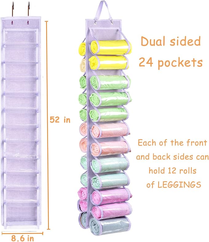 Legging Storage Bag Storage Hanger Can Holds 24 Leggings or Shirts Jeans Compartment Storage Hanger, Foldable Leggings Organizer Clothes Portable Closets Roll Holder (Light Purple) - Image 2