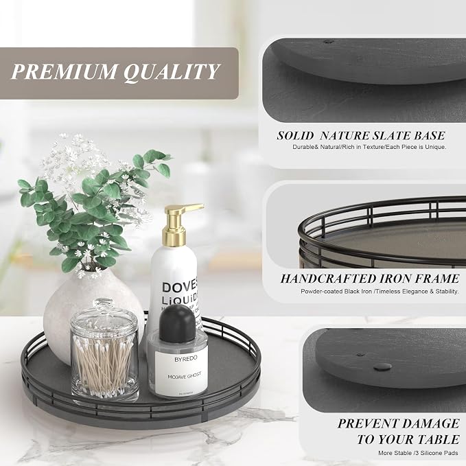 AMH10-Inch Natural Slate Lazy Susan with Black Raised Iron Rim - Image 7
