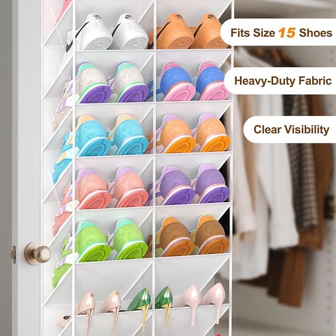 UVIAHOMI 20-30 Pairs Over the Door Shoe Organizer, Clear Pockets Hanging Shoe Storage for Closet, 10-Tier Door Shoes Rack, Handing Shoes Holder Fit All the Family's Sneakers, Boots, Heels, White - Image 5