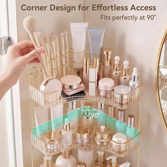 3-Tier Corner Bathroom Counter Organizer with Makeup Brush Holder, Gold - Image 4