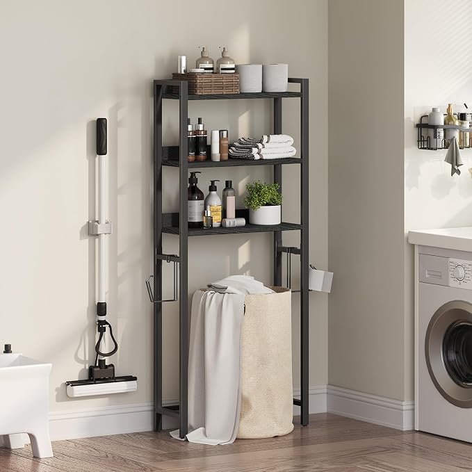 MAHANCRIS Over The Toilet Storage Rack, 3 Tier Bathroom Organizer Over Toilet, Freestanding Space Saver Toilet Stand with 2 Hooks, Bathroom Storage Shelf, Easy to Assemble, Black TSBK6001 - Image 4