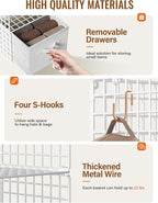 Closet Hanging Organizer with Drawers, 6 Tier Metal Closet Organizers and Storage with 4 Hanging Hooks 4 S-Hooks for Wardrobe Laundry Room, Wire Storage Shelf for Clothes Sweaters Pants (White) - Image 3