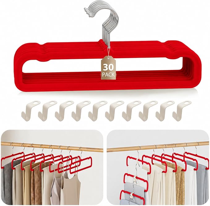 Velvet Felt Pants Hangers 30 Pack, with Cascading Hooks (Red) by UEAKPIC
