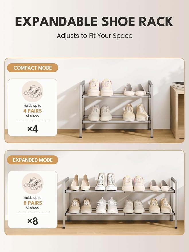 Bumusty 2 Tier Expandable Shoe Rack for Closet, Light Grey | 18"-33" Adjustable Shoe Rack for Entryway, Small Shoe Organizer for Dorm, Front Door, Sturdy Metal - Image 6