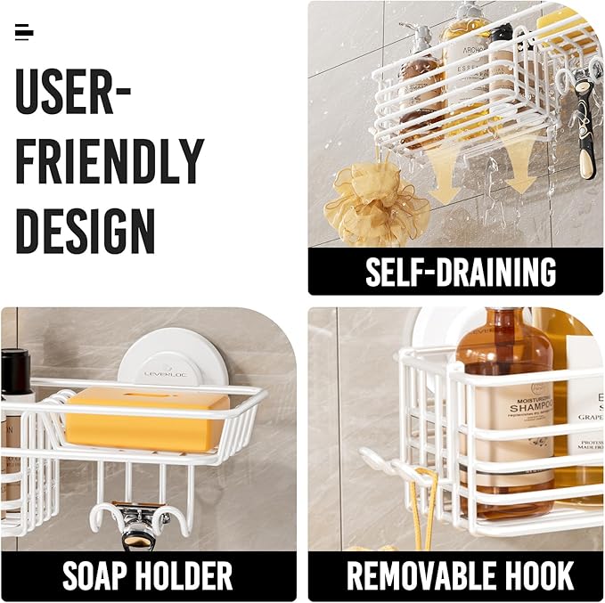 LEVERLOC Shower Caddy Suction Cup, 2 Pack Shelves for Inside with Hooks - Image 4