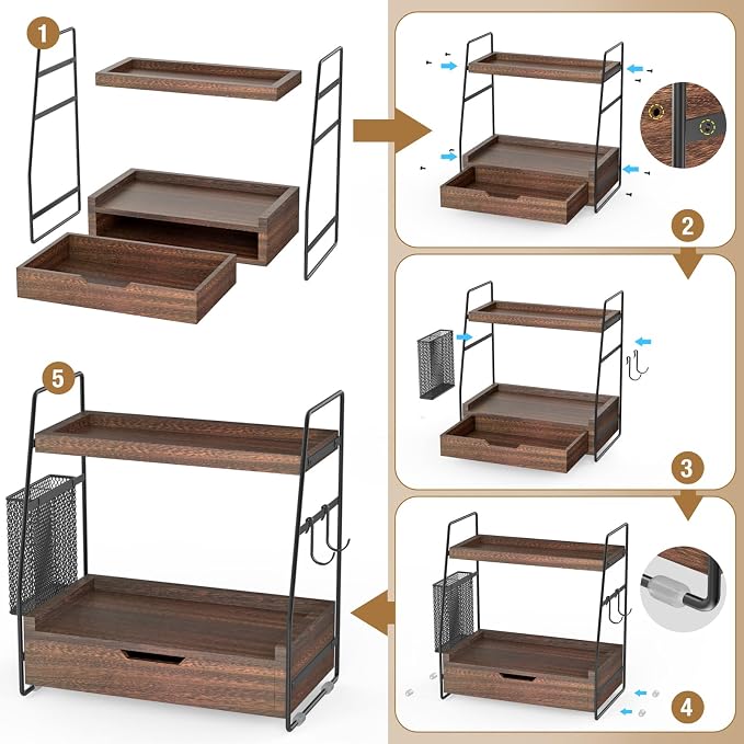 2-Tier Bathroom Counter Organizer with Drawer, Wood Counter Storage Shelf - Image 5