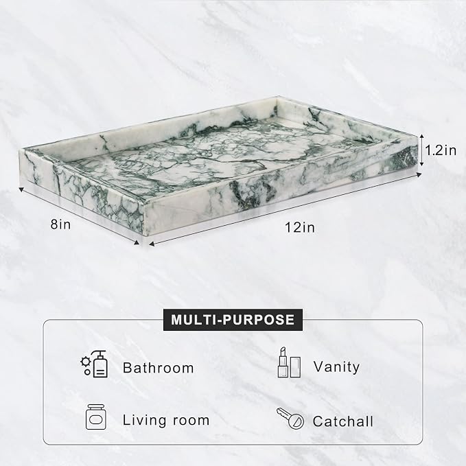 Marble Bathroom Tray for Countertop & Home Decor, Natural Decorative Marble Tray for Jewelry & Perfume Organizer, Luxury Stone Vanity Trays for Dresser, Kitchen Counter, 12" x 8", Jade Green - Image 3