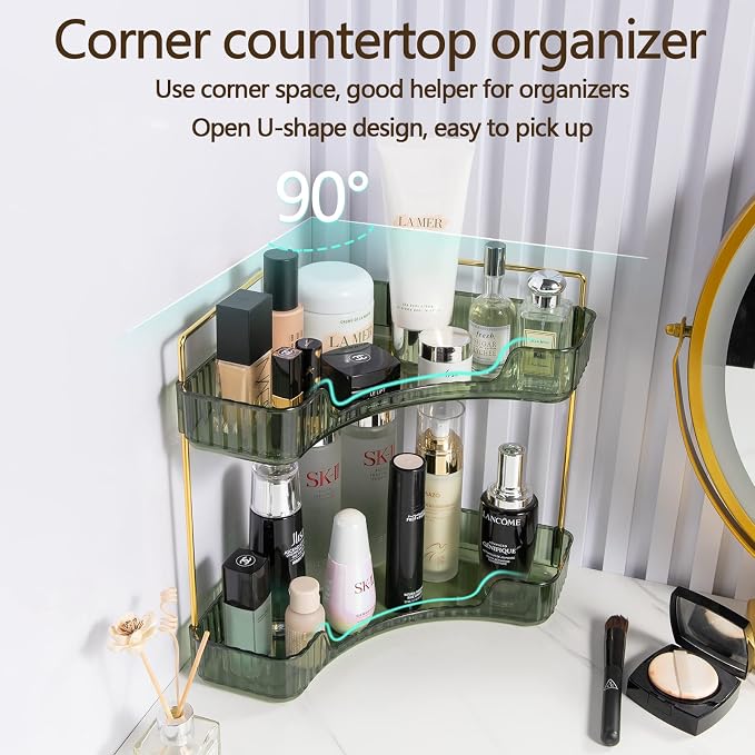 shuang qing 2-Tier Corner Bathroom Counter Organizer – Storage Shelf for Makeup, Perfume & Skincare, Space-Saving Countertop Tray Fits Bathroom, Dresser, Kitchen (Green) - Image 4