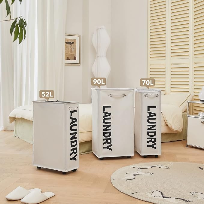 DOKEHOM 25" Slim Rolling Laundry Basket Hamper, Narrow on Wheels, Beige - Image 7