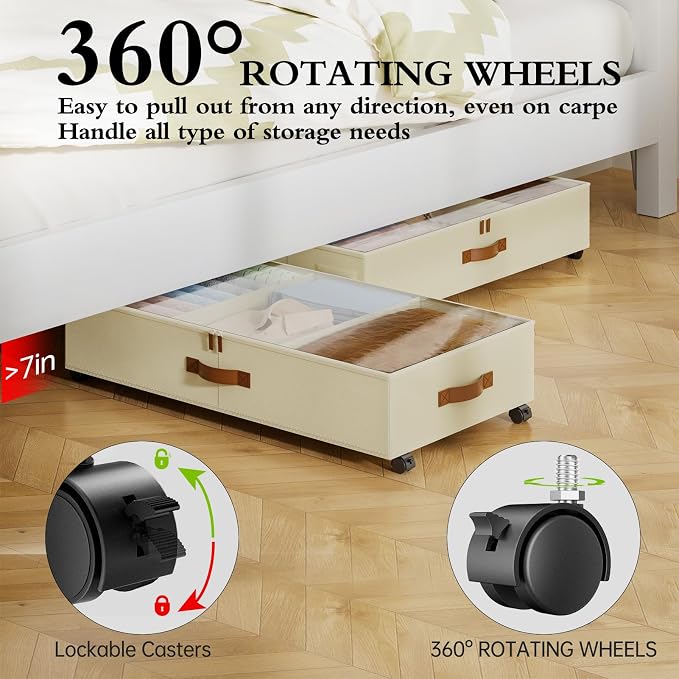 Yecaye Under Bed Storage with Wheels, 2 Pack Under Bed Storage Containers with Adjustable Dividers & Clear Lid, Rolling Underbed Organizer Bins Drawer for Clothes, Shoes, Blankets(30.3 x 16 x 6.7in) - Image 3