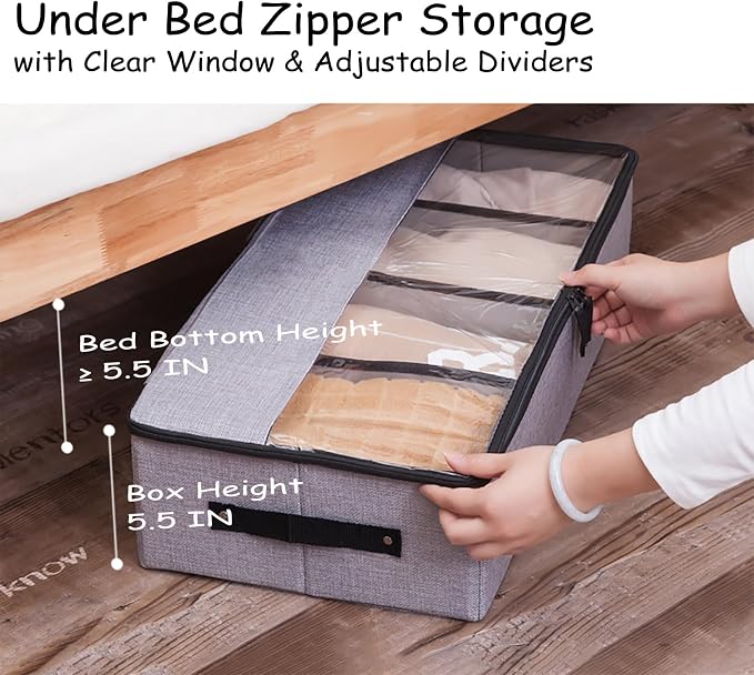 AARAINBOW Foldable Under Bed Clothes Organizer with Lid, Underbed Storage Container with Adjustable Dividers, Clear Window, Gray - Image 6
