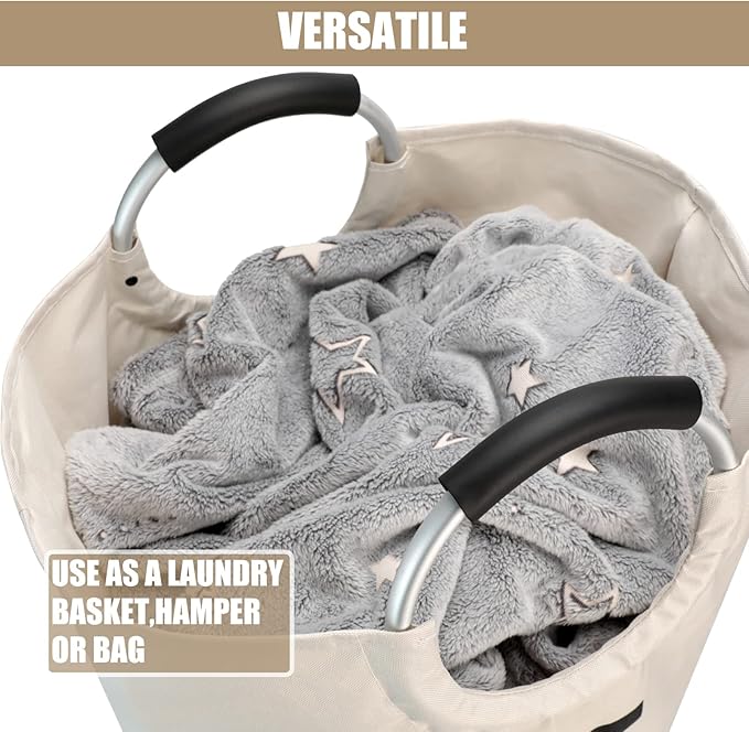 DOKEHOM 90L Large Laundry Basket Bag, Collapsible Tall Hamper, Beige - Image 6