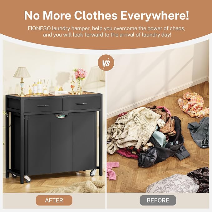 Laundry Sorter, Rolling Laundry Hamper with 3 Section Pull-Out Bags, Laundry Basket Organizer with 2 Drawers & 2-Tone Top Panel, Laundry Hamper with Wheels for Laundry Room Organization, Bathroom - Image 6